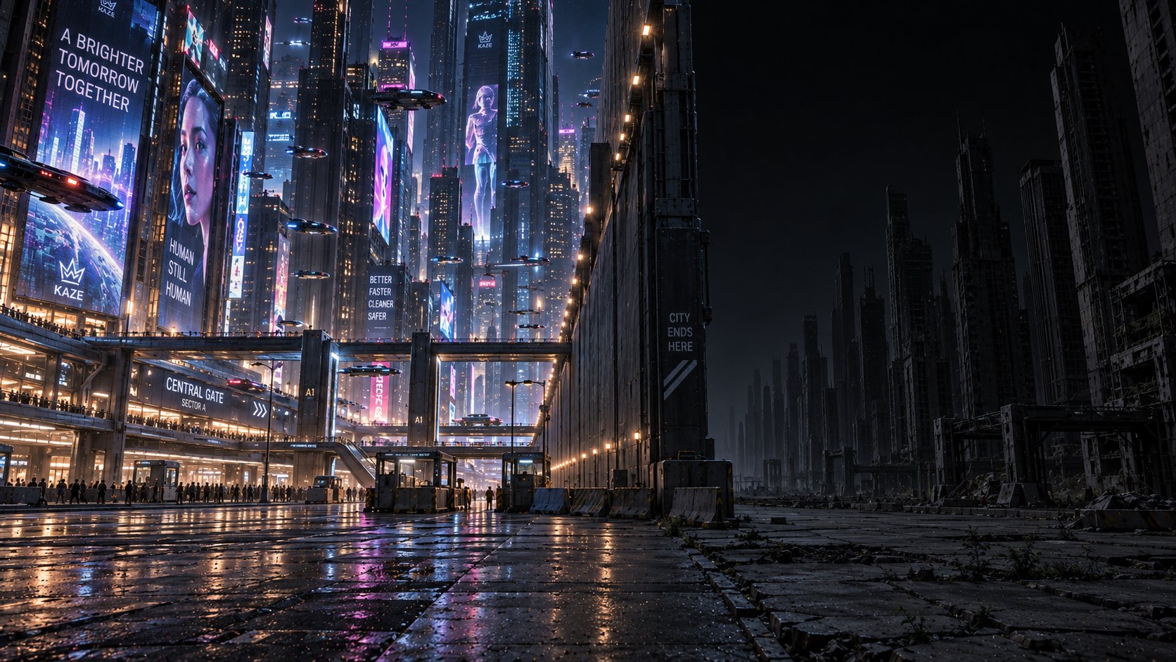 The illuminated megacity divided from its abandoned outer district